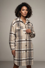Gray Checked Button-front Long Plaid Coat with Chest Pockets - Long coat - Photo 2