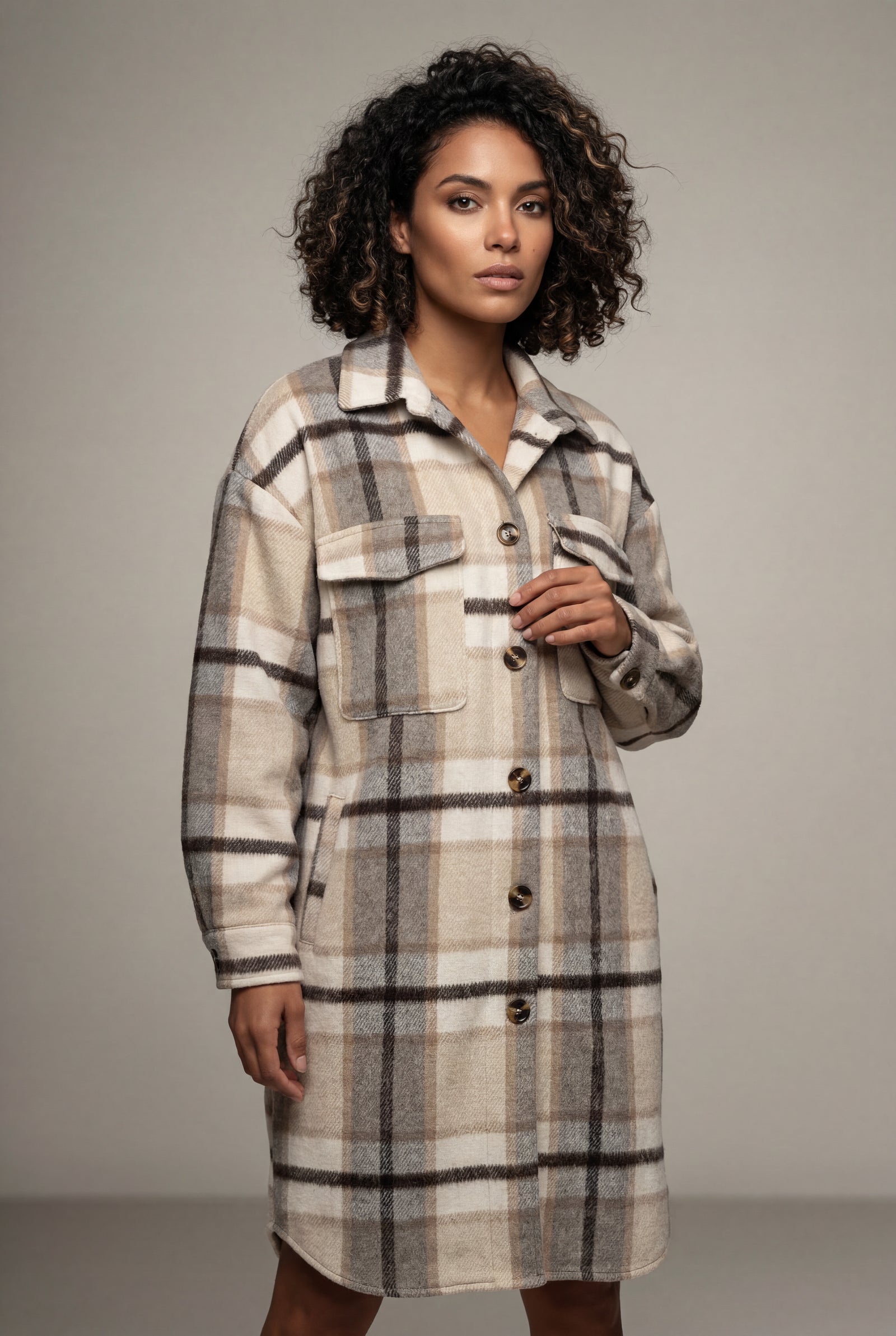 Gray Checked Button-front Long Plaid Coat with Chest Pockets - Long coat - Photo 2