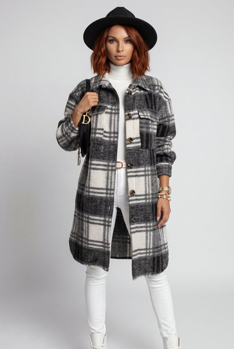 Black Checked Button-front Long Plaid Coat with Chest Pockets - Long coat - Photo 4