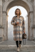 Beige Checked Button-front Long Plaid Coat with Chest Pockets - Long coat - Photo 5