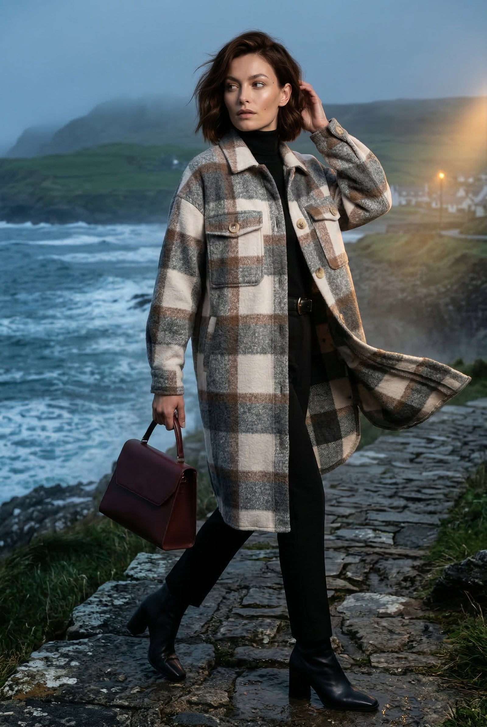 Dark Brown Checked Button-front Long Plaid Coat with Chest Pockets - Long coat - Photo 6
