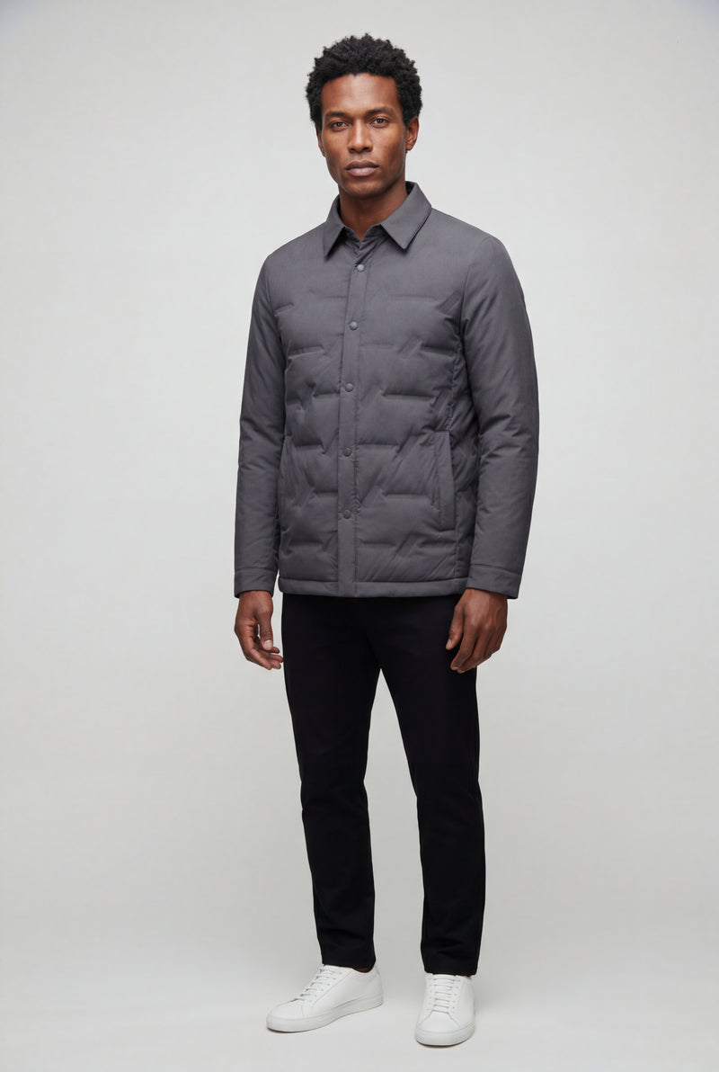 Gray Chevron Quilted Snap-front Puffer Shirt Jacket - Puffer jackets - Photo 1