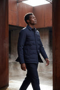 Navy Blue Chevron Quilted Snap-front Puffer Shirt Jacket - Puffer jackets - Photo 16