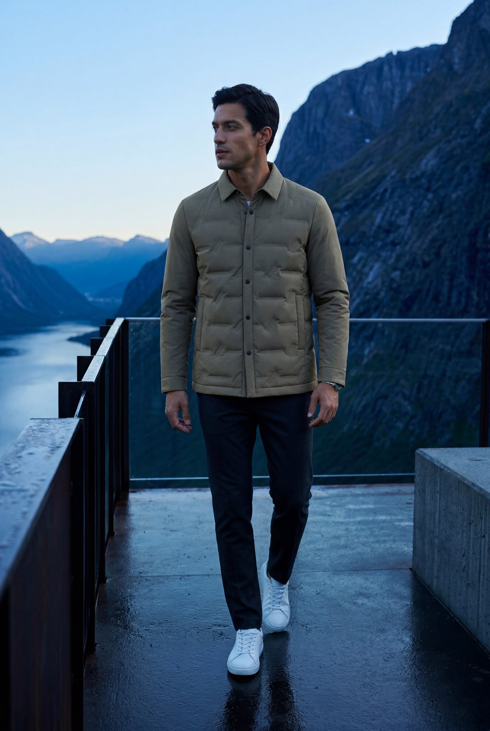 Stone Grey Chevron Quilted Snap-front Puffer Shirt Jacket - Puffer jackets - Photo 17