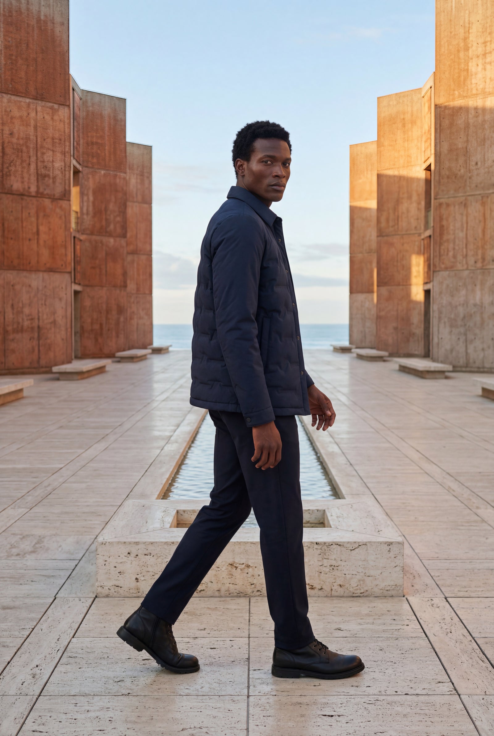 Navy Blue Chevron Quilted Snap-front Puffer Shirt Jacket - Puffer jackets - Photo 7