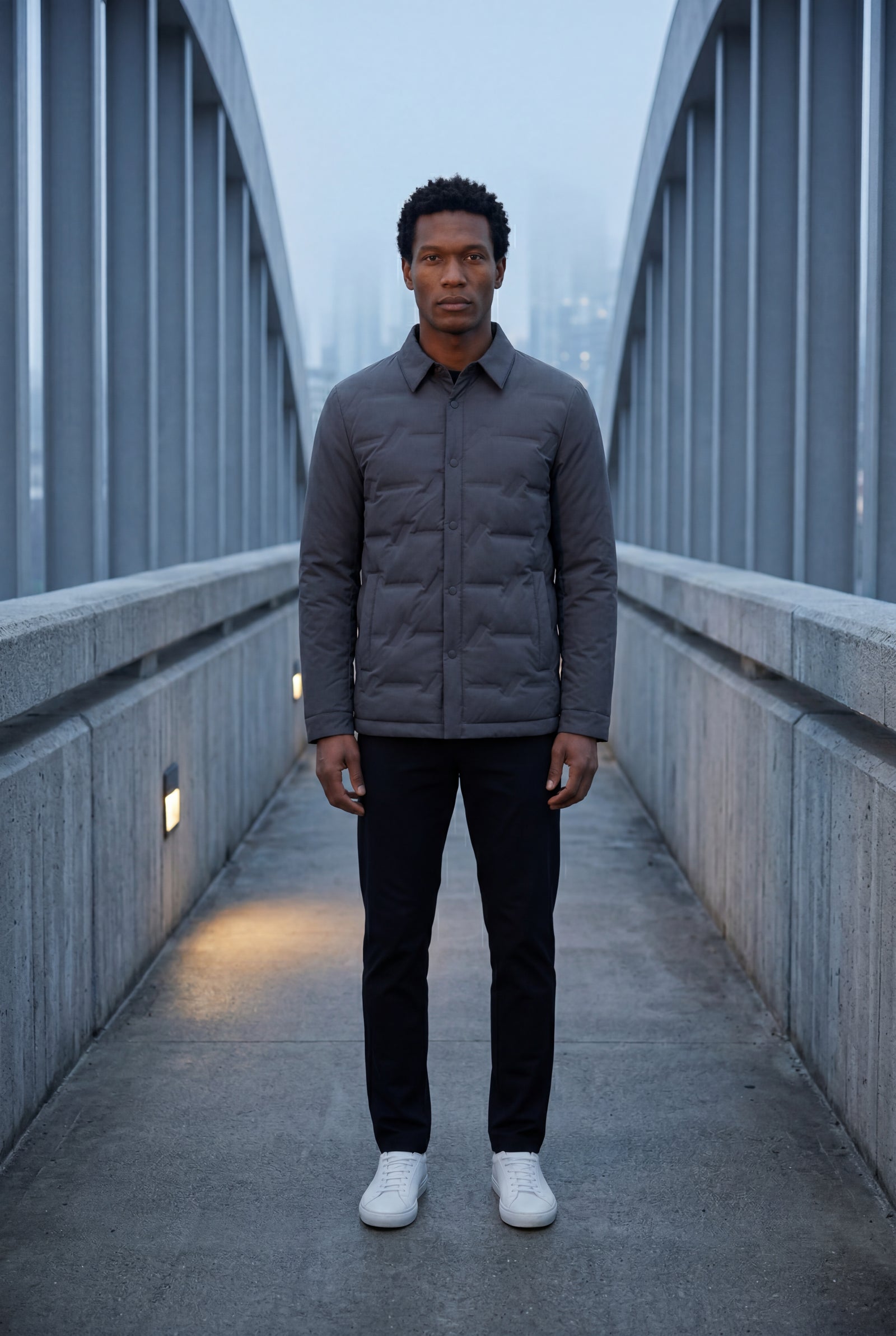 Gray Chevron Quilted Snap-front Puffer Shirt Jacket - Puffer jackets - Photo 8