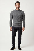 Gray Chunky Cable Crewneck Sweater with Ribbed Hem - Photo 2