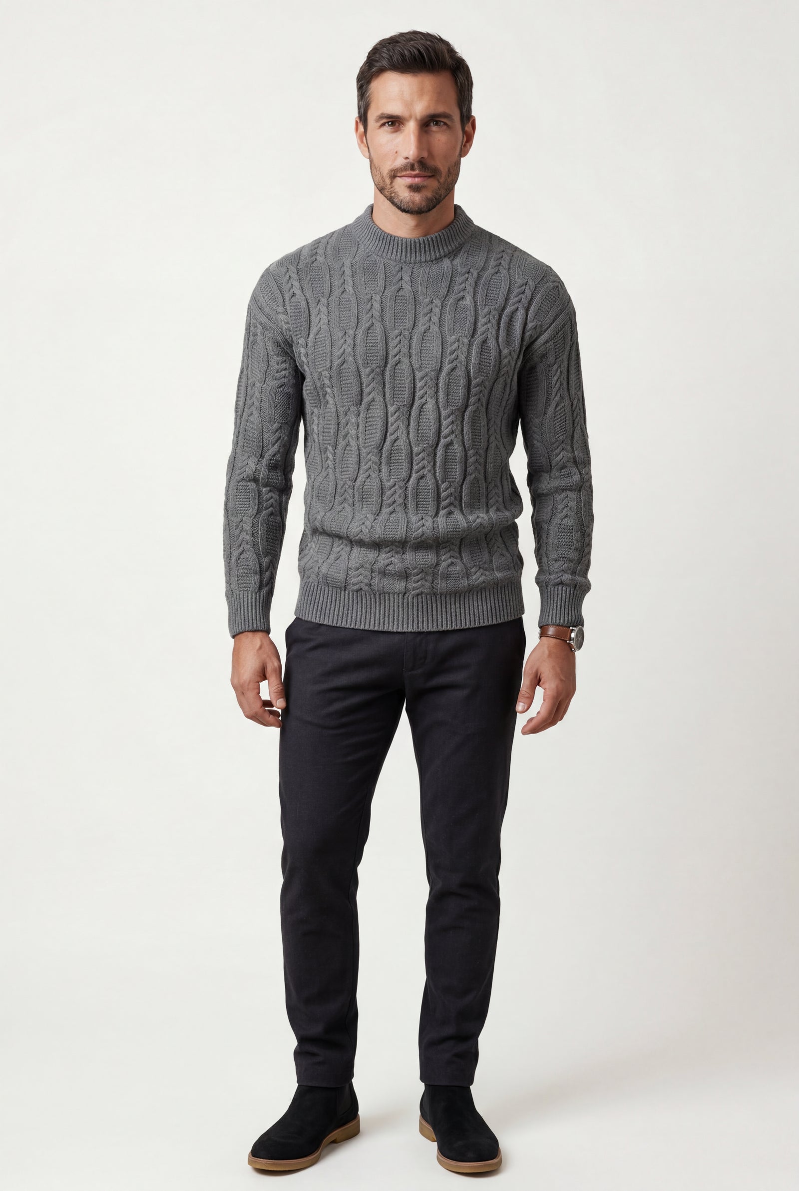 Gray Chunky Cable Crewneck Sweater with Ribbed Hem - Photo 2