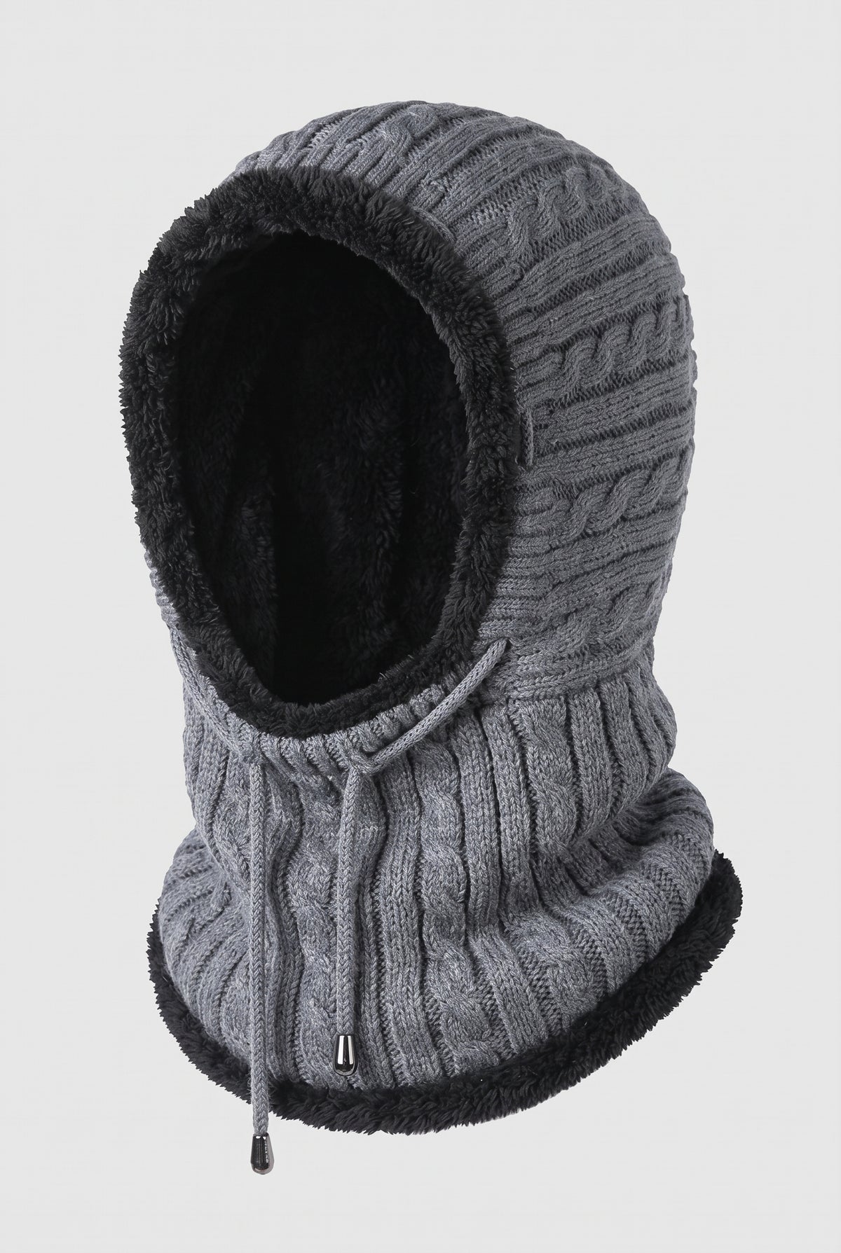 Chunky Knit Hooded Neck Warmer in Gray — studio front