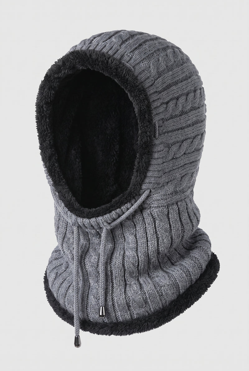 Chunky Knit Hooded Neck Warmer in Gray — studio front