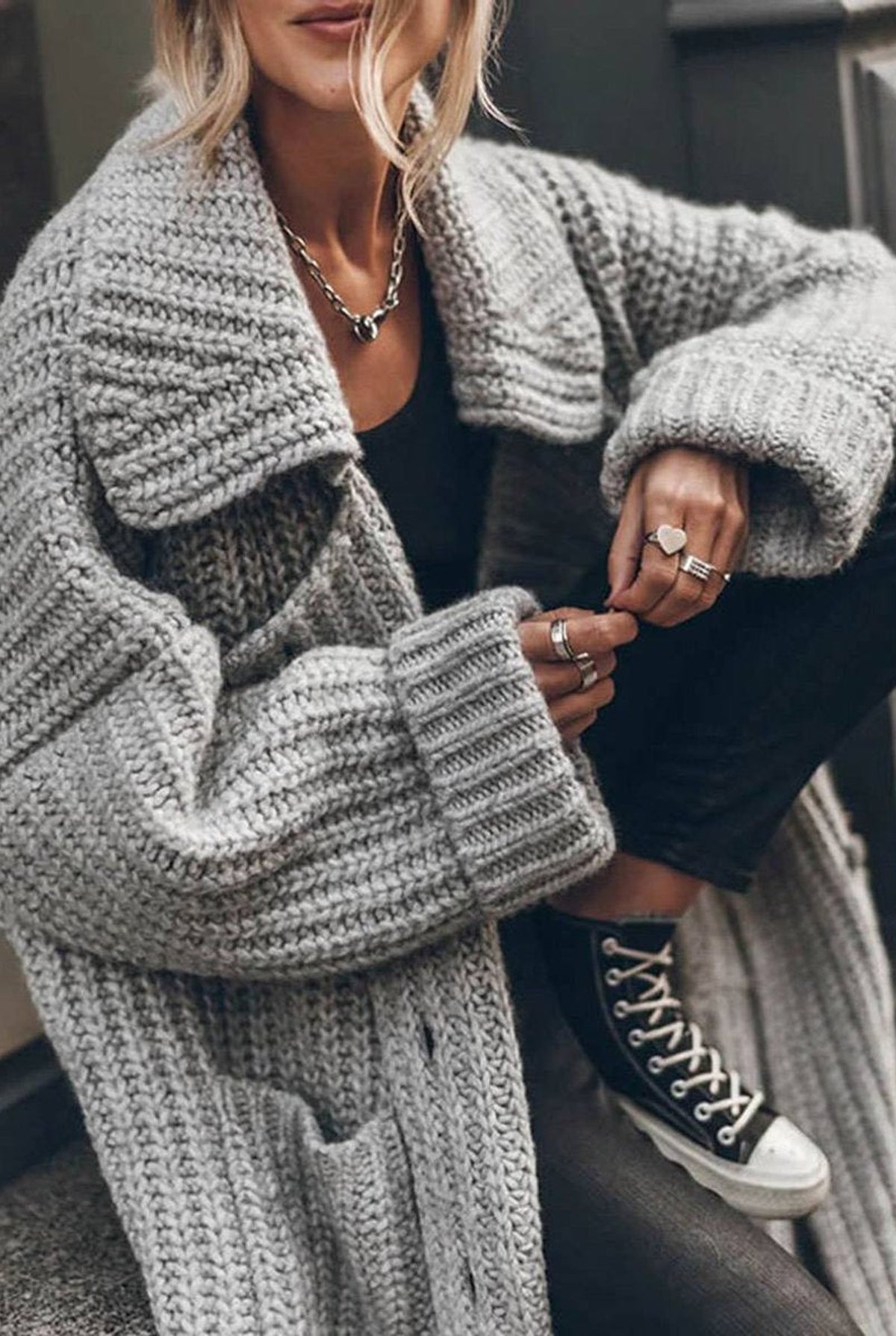 Chunky Knit Oversized Cardigan in Gray — detail