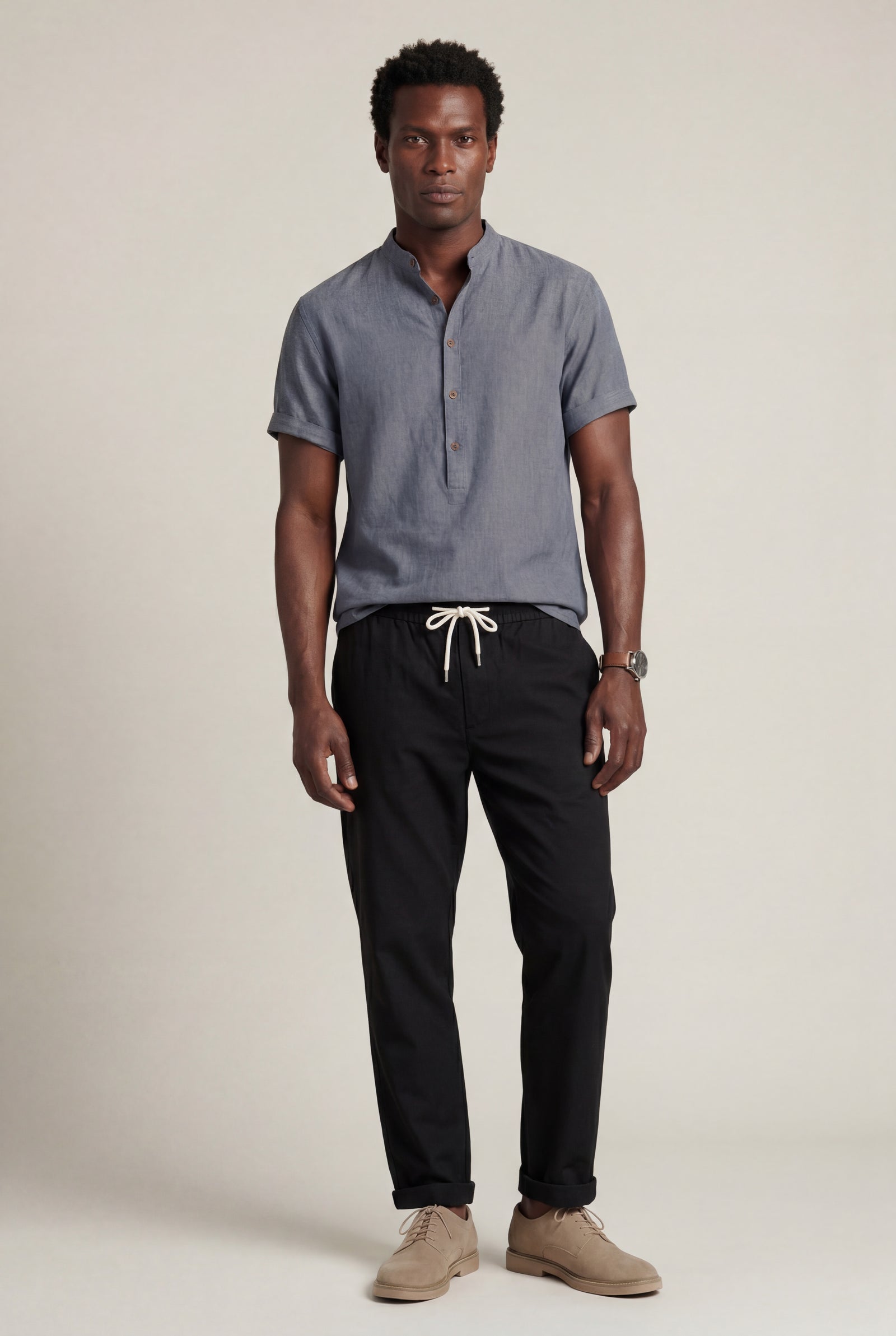 Gray Collarless Short Sleeve Shirt and Drawstring Jogger Pants Set - Casual sets - Photo 1