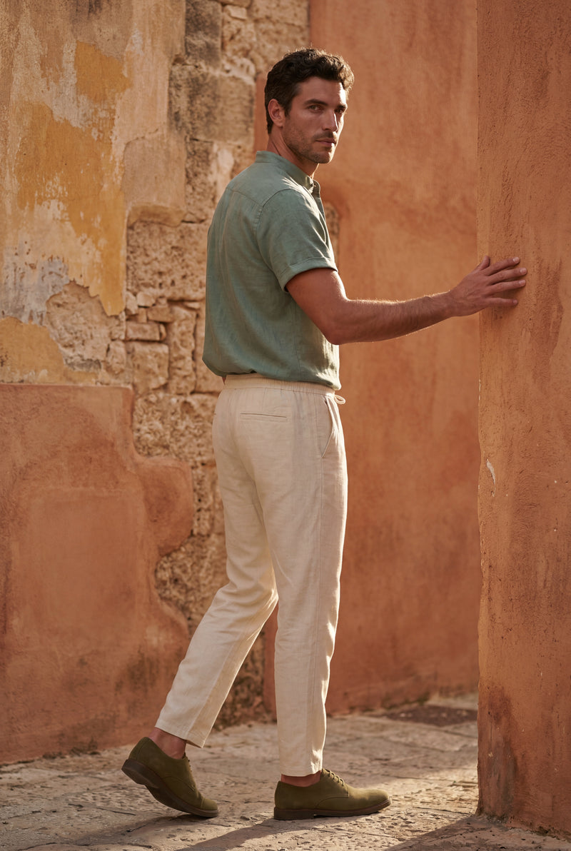 Green Collarless Short Sleeve Shirt and Drawstring Jogger Pants Set - Casual sets - Photo 4