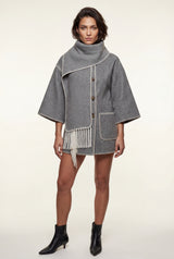Gray Contrast Trim Wrap Jacket with Attached Fringed Scarf - Photo 1