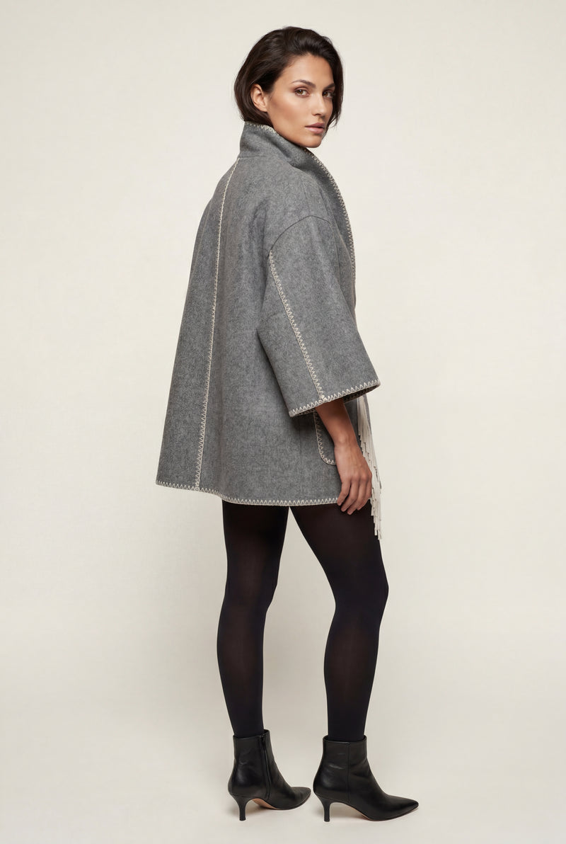 Gray Contrast Trim Wrap Jacket with Attached Fringed Scarf - Photo 2