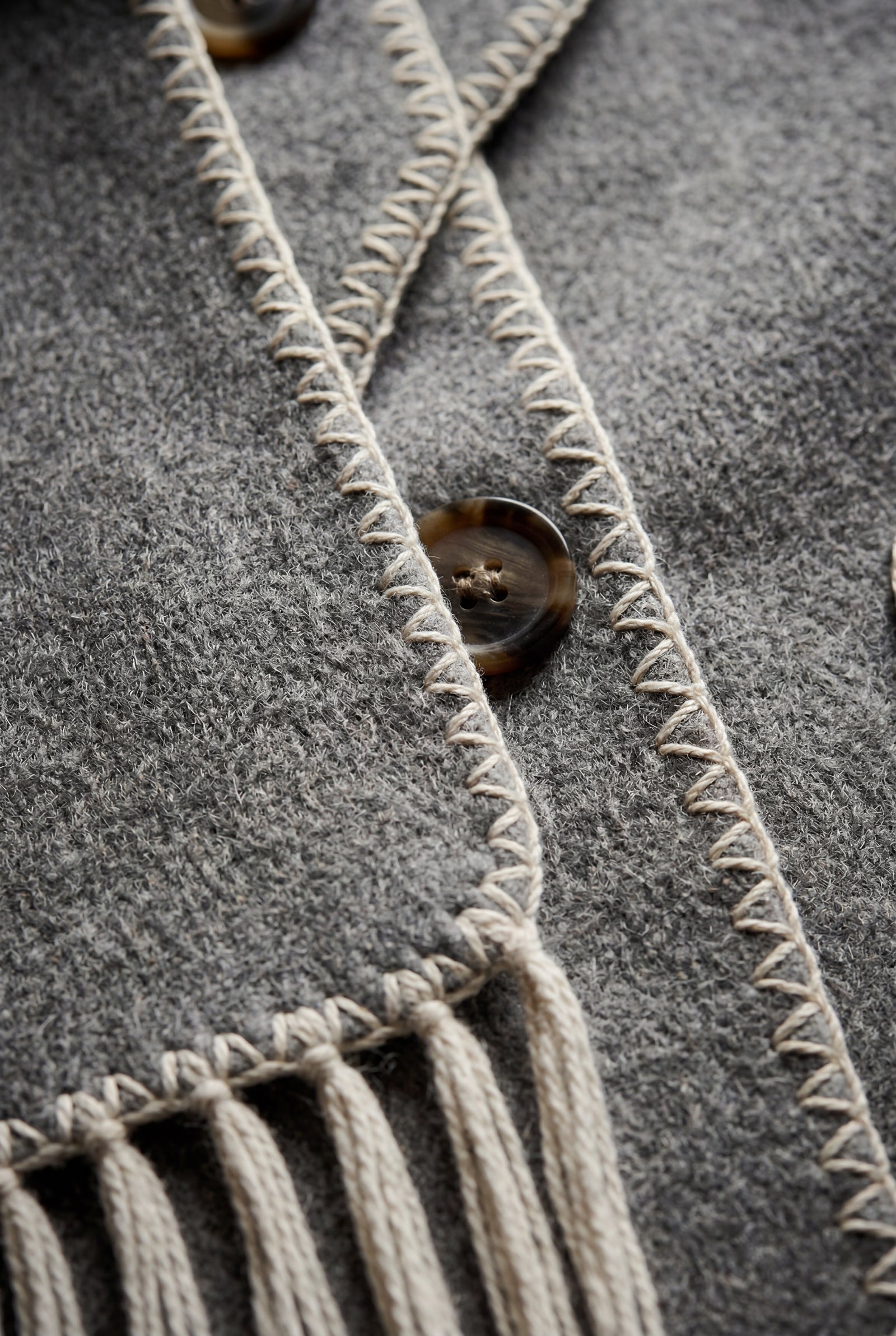 Gray Contrast Trim Wrap Jacket with Attached Fringed Scarf - Photo 4