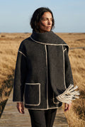 Black Contrast Trim Wrap Jacket with Attached Fringed Scarf - Photo 5