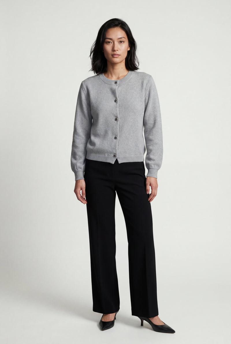 Gray Crew Neck Cropped Button-up Cardigan with Ribbed Hem - Cropped cardigan - Photo 1