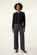 Black Crew Neck Cropped Button-up Cardigan with Ribbed Hem - Cropped cardigan - Photo 2