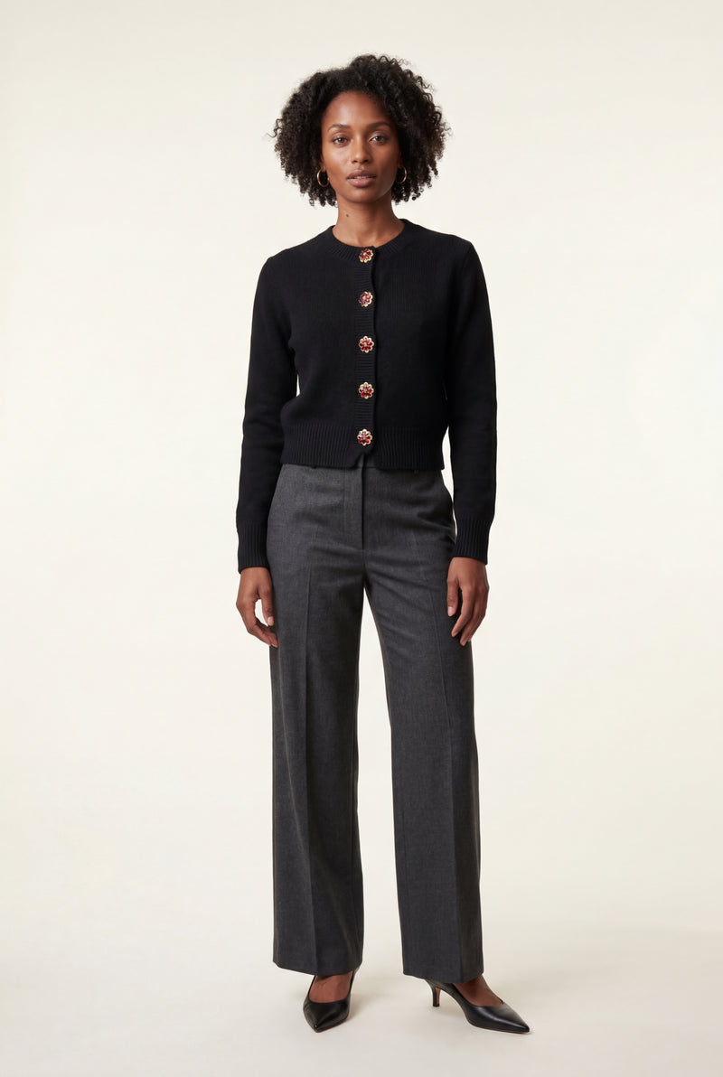 Black Crew Neck Cropped Button-up Cardigan with Ribbed Hem - Cropped cardigan - Photo 2