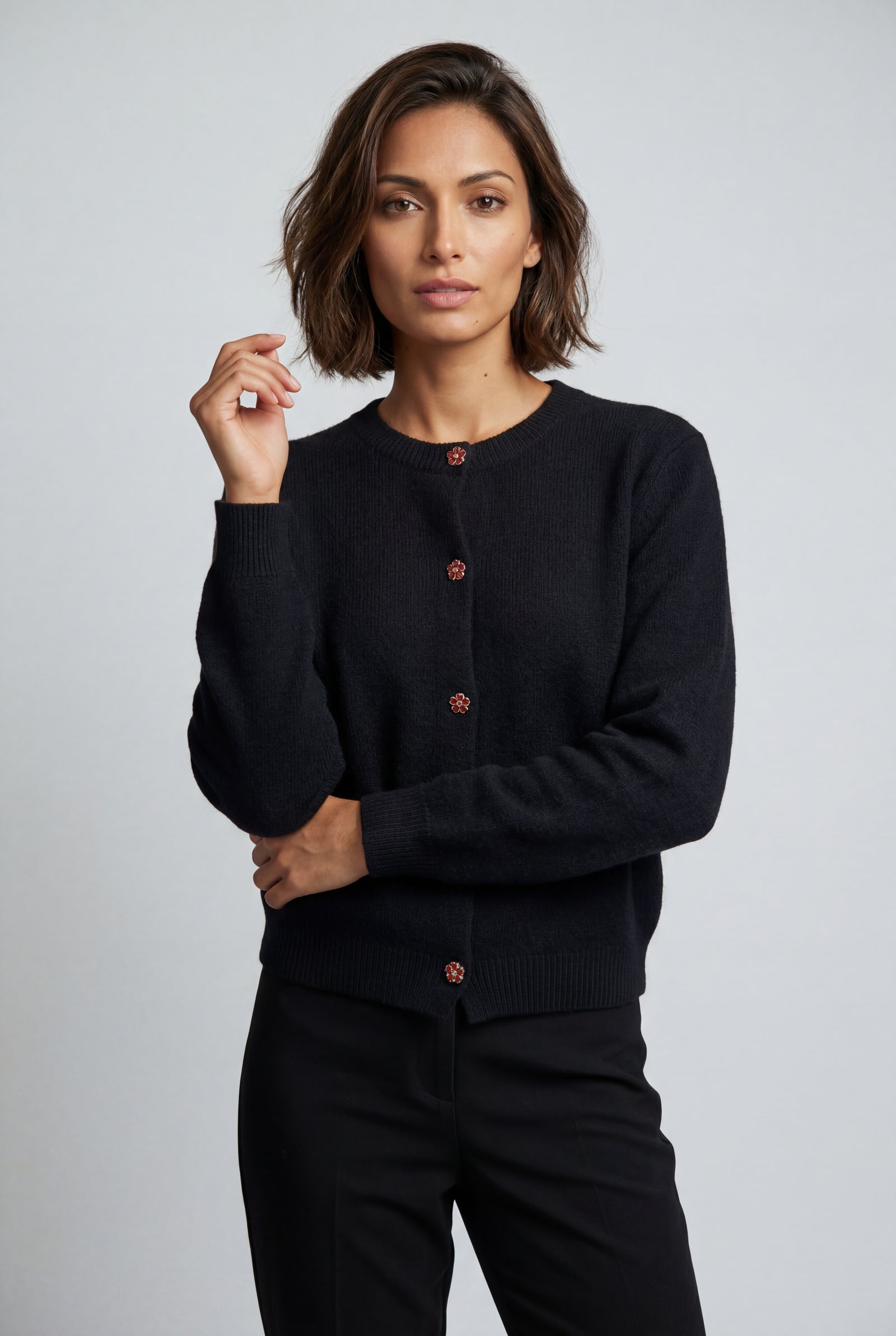 Black Crew Neck Cropped Button-up Cardigan with Ribbed Hem - Cropped cardigan - Photo 5