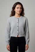 Gray Crew Neck Cropped Button-up Cardigan with Ribbed Hem - Cropped cardigan - Photo 6
