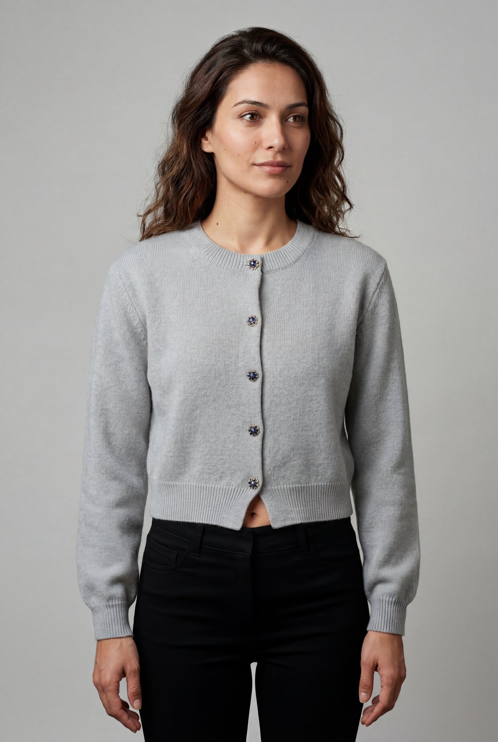Gray Crew Neck Cropped Button-up Cardigan with Ribbed Hem - Cropped cardigan - Photo 6