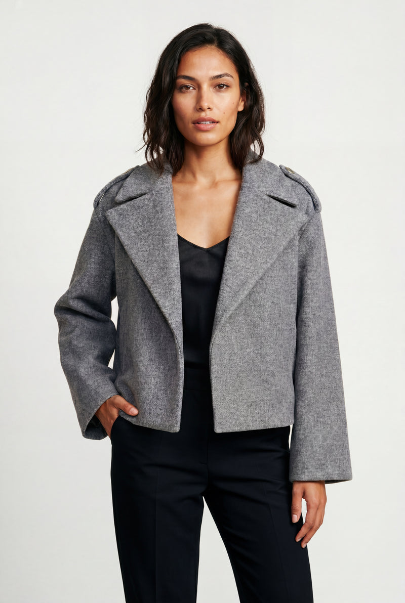 Gray Cropped Double-breasted Boxy Coat with Notched Lapel - Short coat - Photo 2
