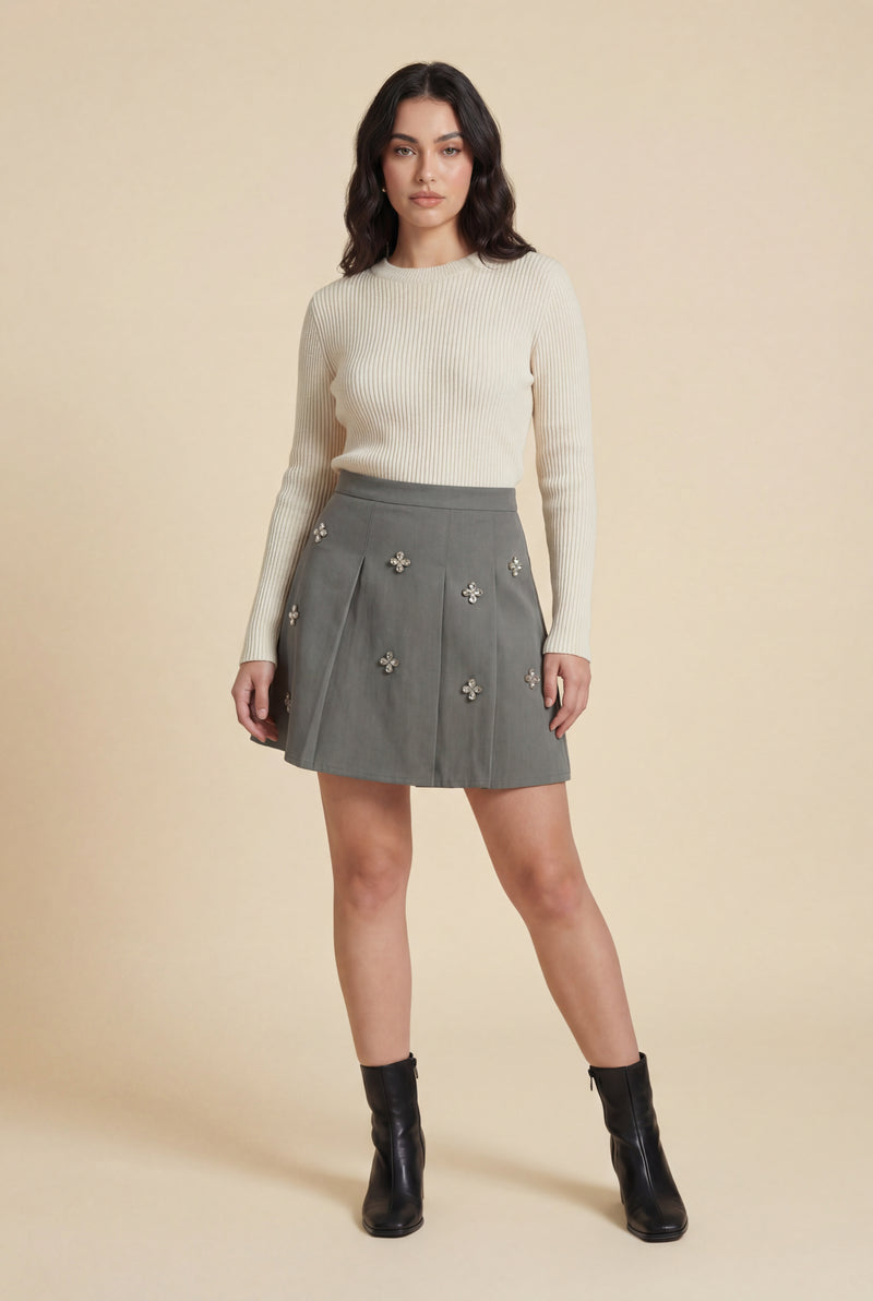 Gray Crystal Daisy Embellished Grey Pleated A-line Mini Skirt - A-line skirt - Photo 1