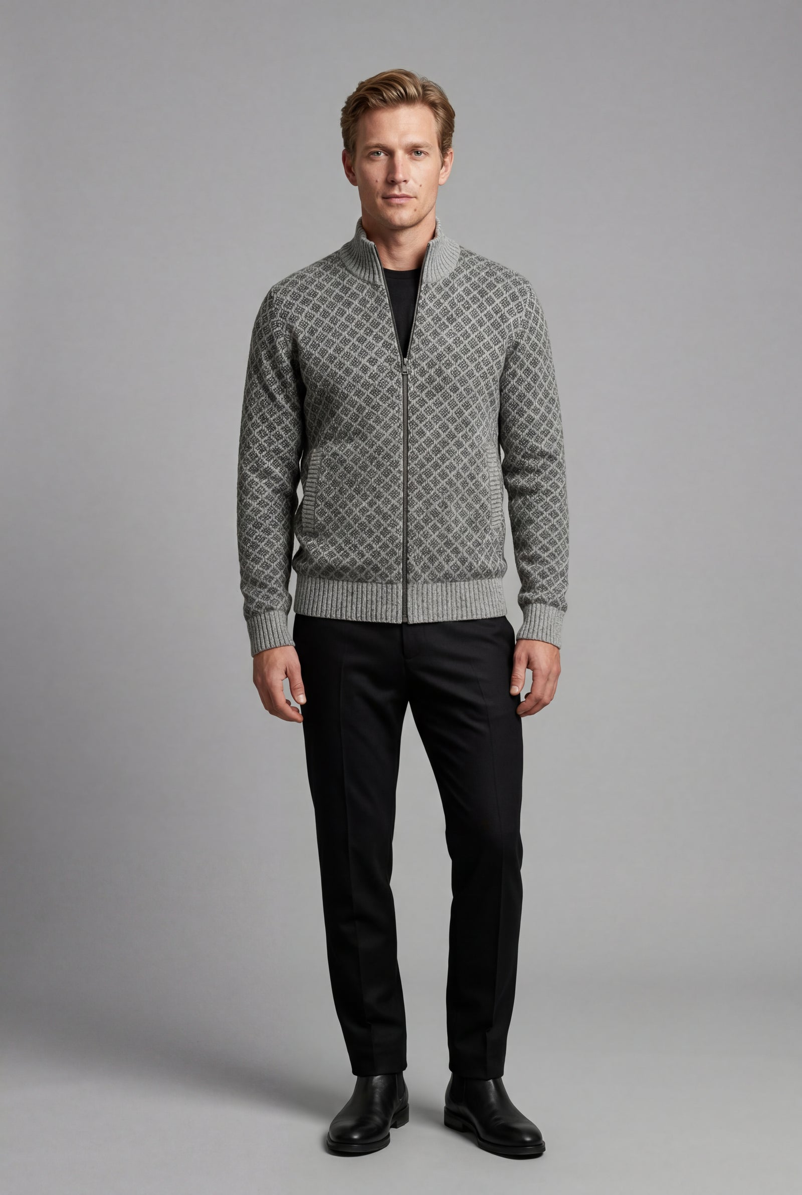 Gray Diamond Jacquard Zip-up Cardigan with Ribbed Stand Collar - Photo 2