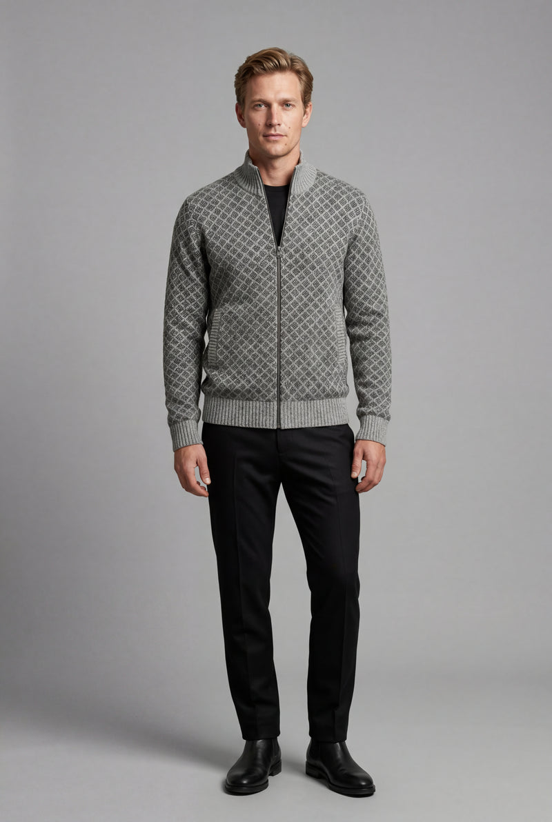 Gray Diamond Jacquard Zip-up Cardigan with Ribbed Stand Collar - Photo 2