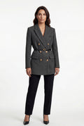 Gray Double-breasted Herringbone Belted Tailored Blazer - Tailored blazers - Photo 1