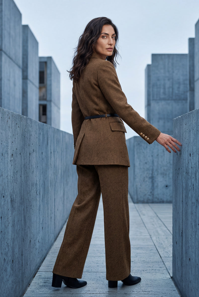 Brown Double-breasted Herringbone Belted Tailored Blazer - Tailored blazers - Photo 4