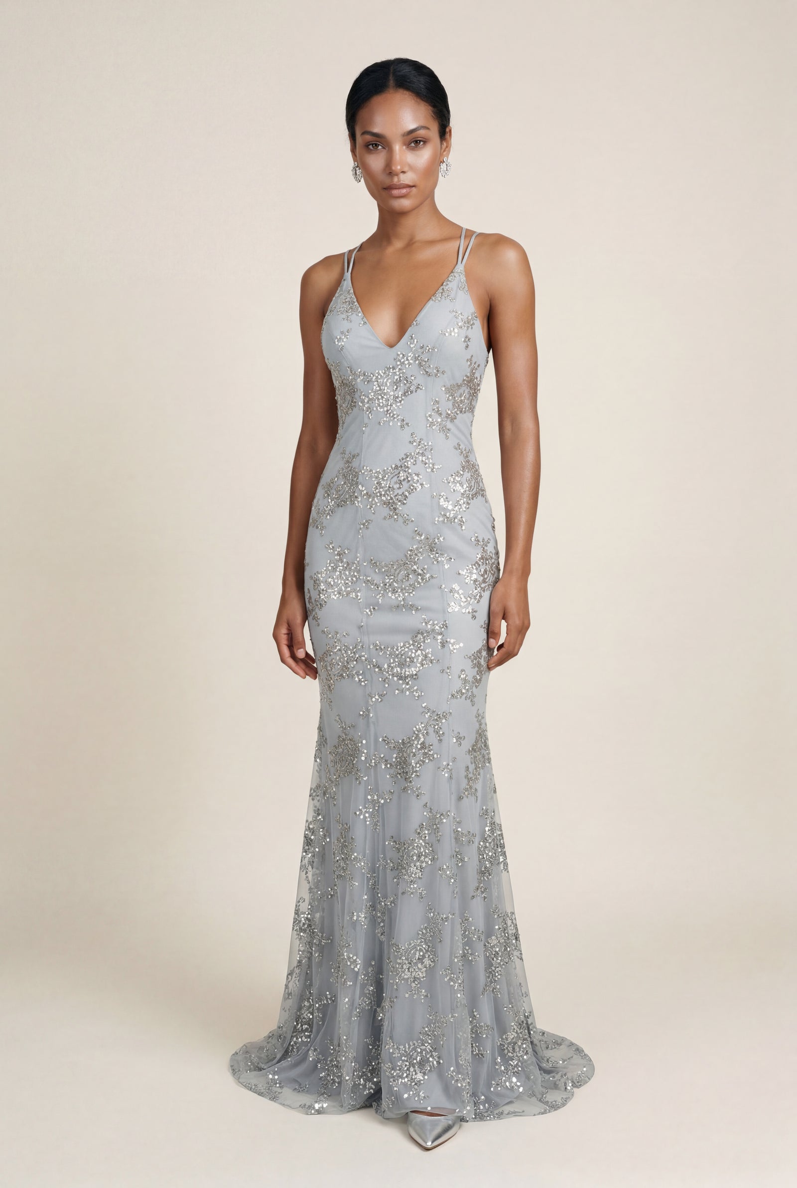 Gray Embellished Deep V-neck Floor-length Evening Gown - Photo 2