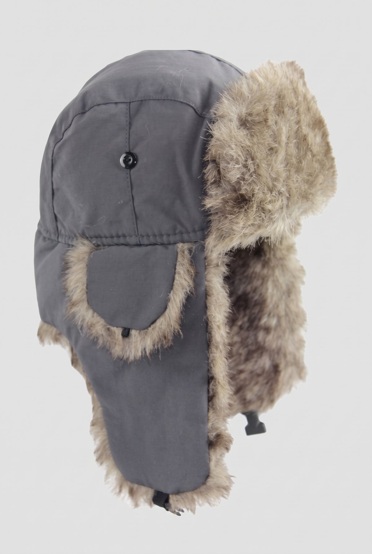 Faux Fur Lined Trapper Hat in Gray — studio front
