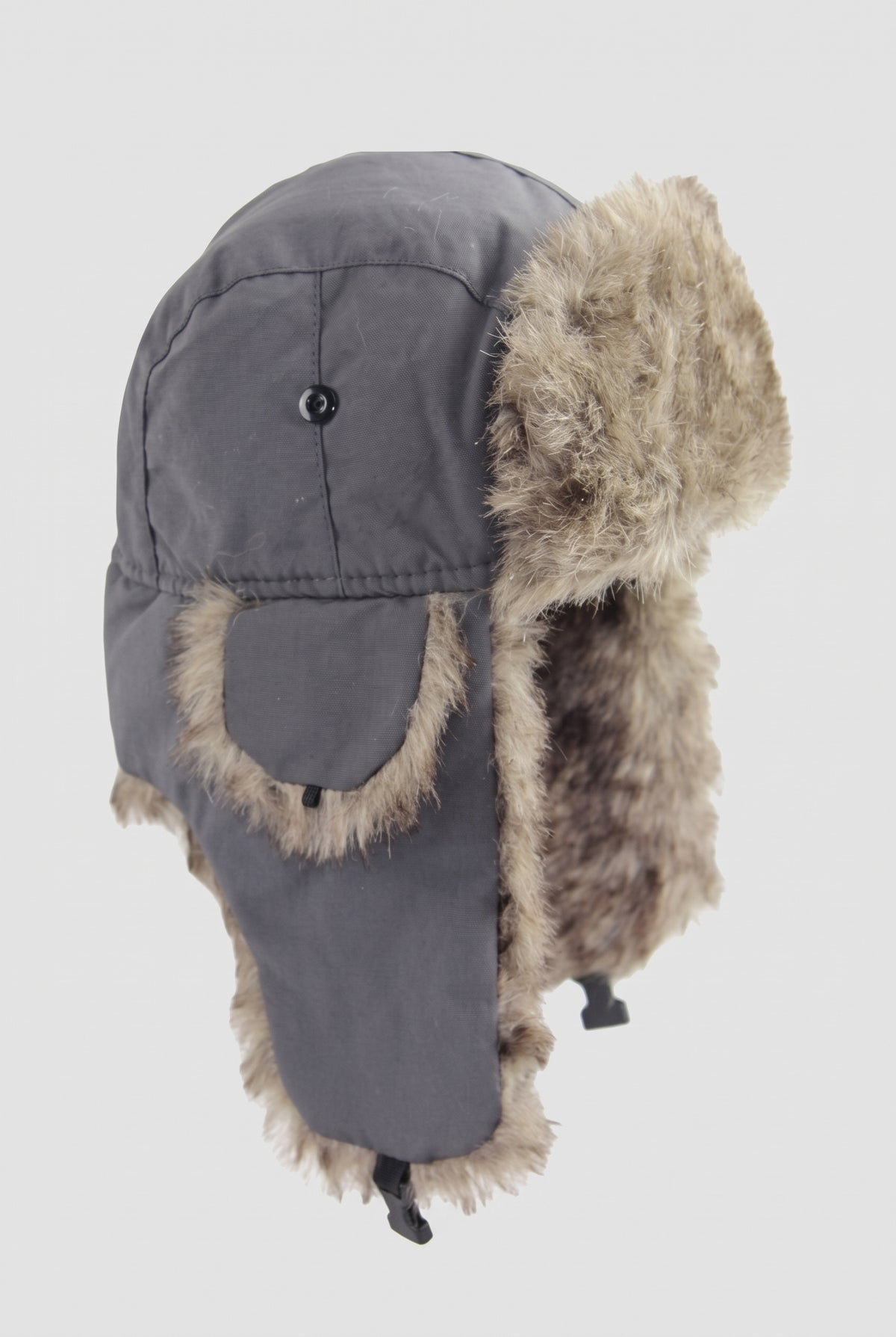 Faux Fur Trapper Hat in Gray — studio front