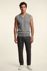 Gray Fine V-neck Sweater Vest with Ribbed Hem - Vests - Photo 1
