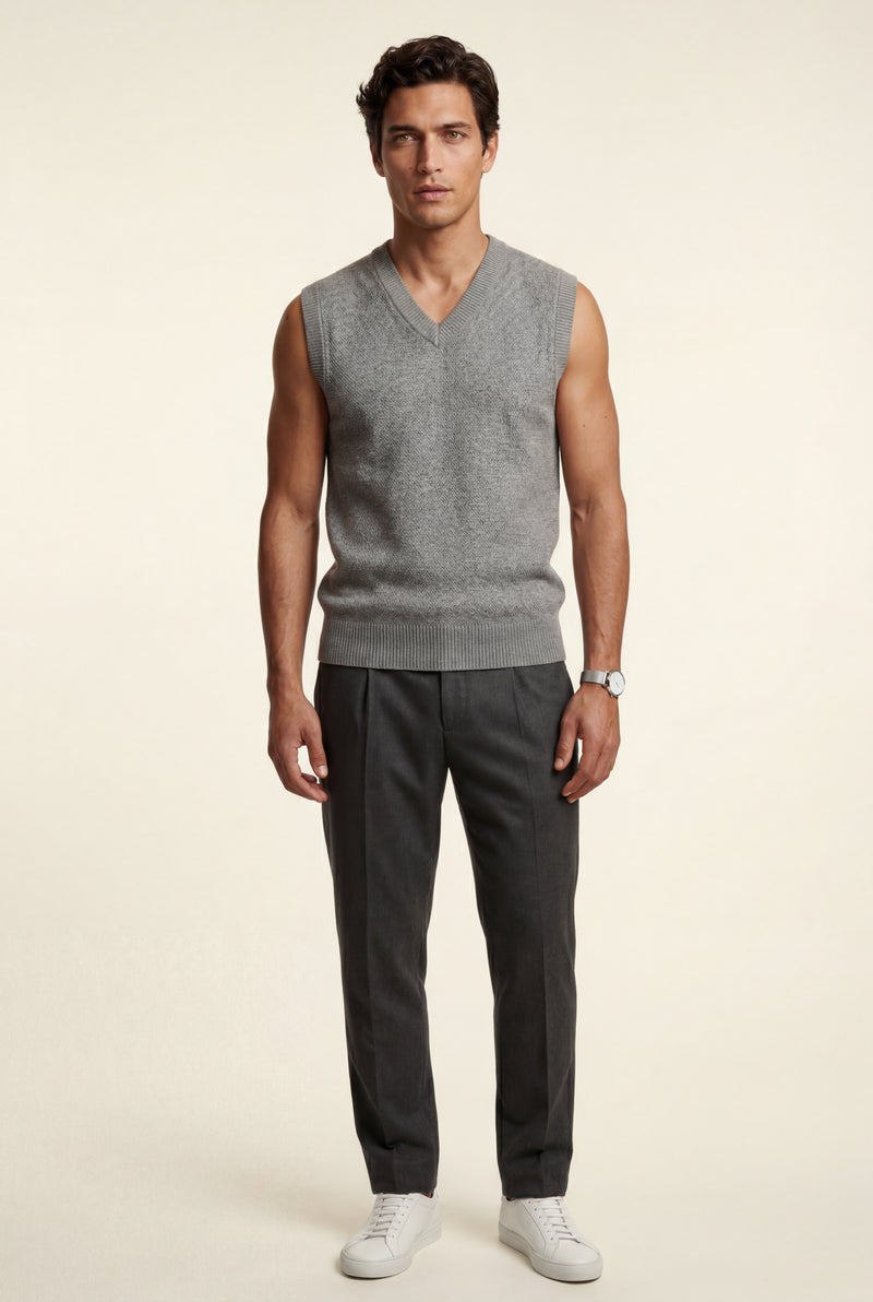 Gray Fine V-neck Sweater Vest with Ribbed Hem - Vests - Photo 1