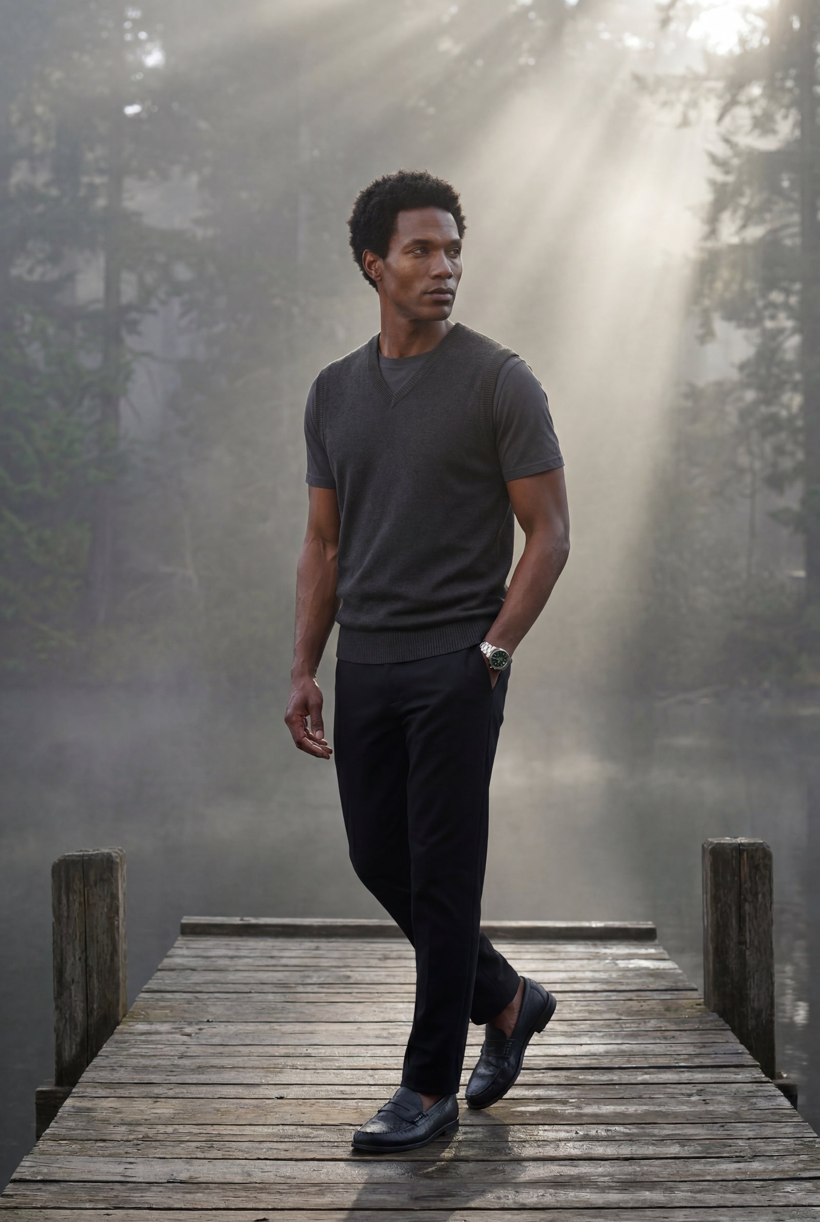 Black Fine V-neck Sweater Vest with Ribbed Hem - Vests - Photo 11