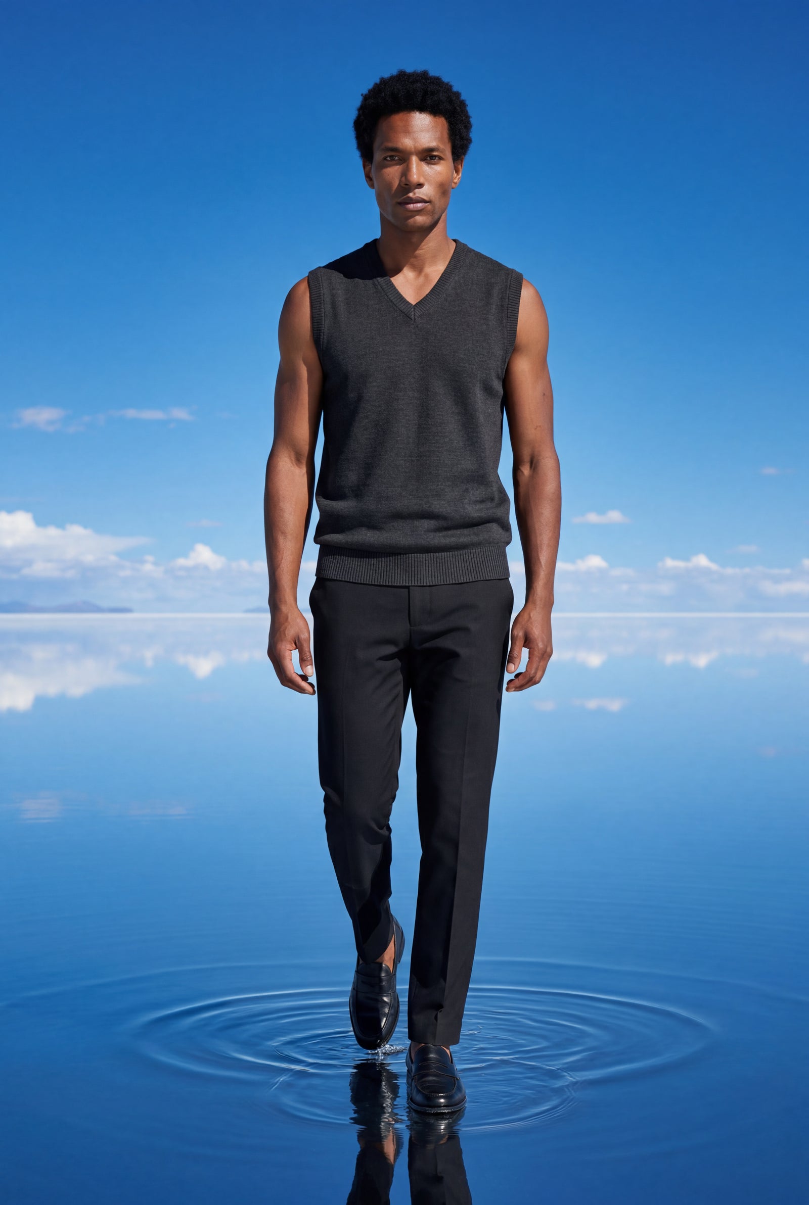 Black Fine V-neck Sweater Vest with Ribbed Hem - Vests - Photo 12