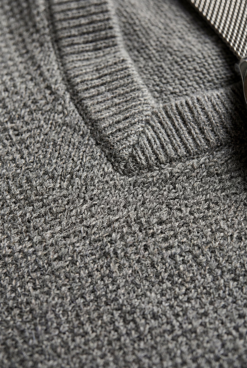 Gray Fine V-neck Sweater Vest with Ribbed Hem - Vests - Photo 4