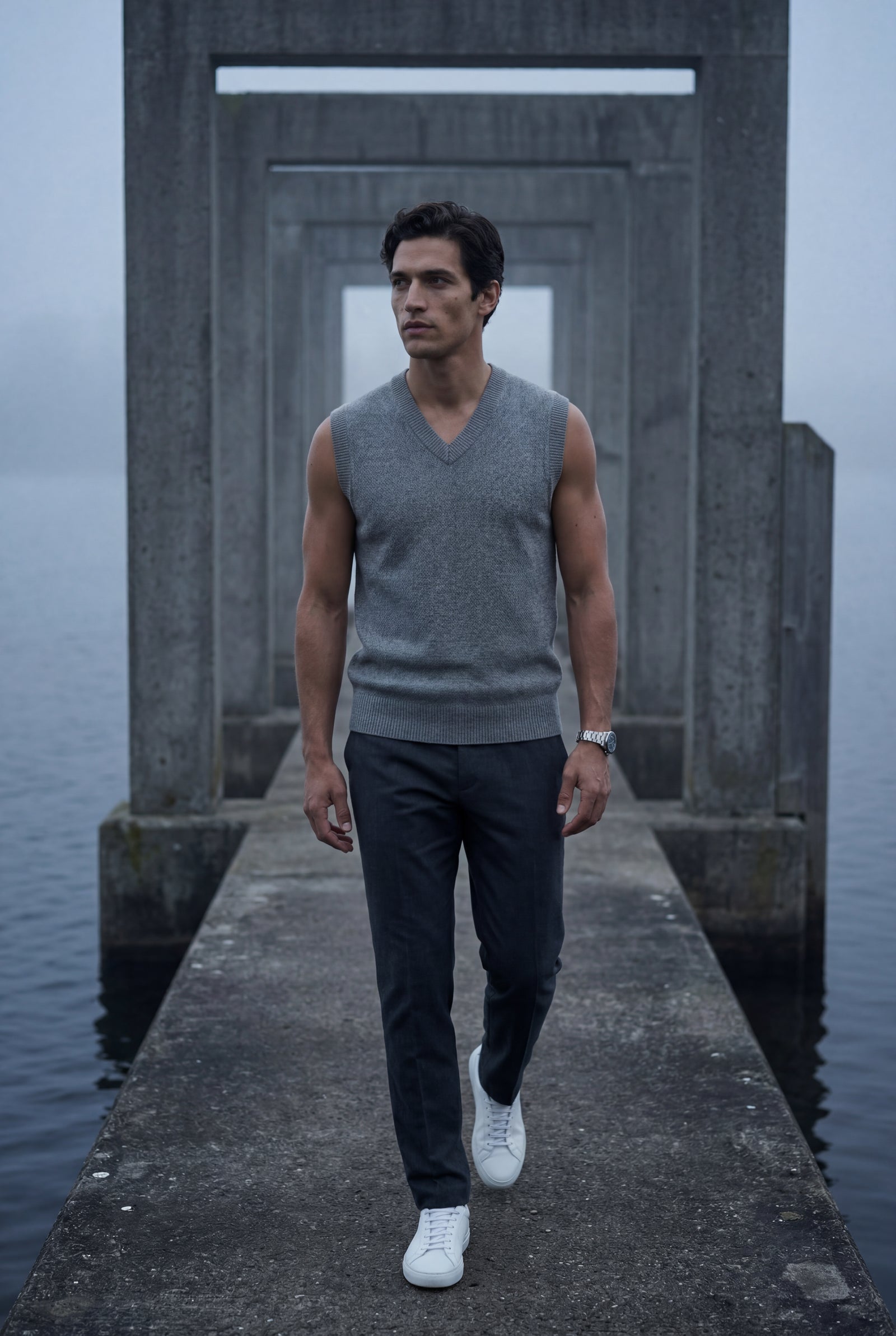 Gray Fine V-neck Sweater Vest with Ribbed Hem - Vests - Photo 5