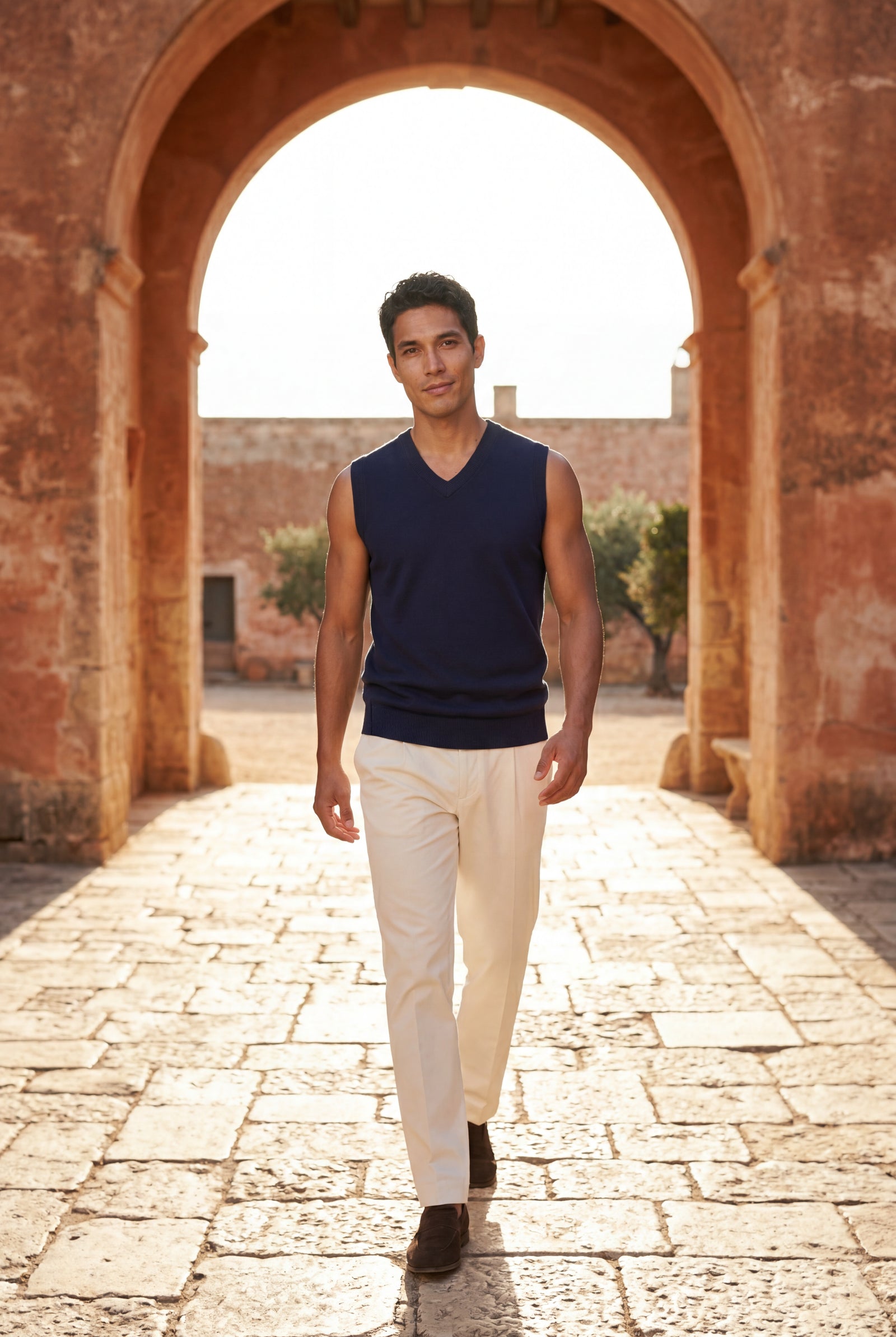 Navy Blue Fine V-neck Sweater Vest with Ribbed Hem - Vests - Photo 6