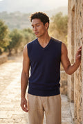 Navy Blue Fine V-neck Sweater Vest with Ribbed Hem - Vests - Photo 7