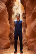 Navy Blue Fine V-neck Sweater Vest with Ribbed Hem - Vests - Photo 8