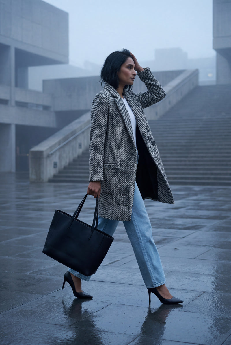 Gray Gray Herringbone Single-breasted Long Coat with Notched Lapel - Photo 4