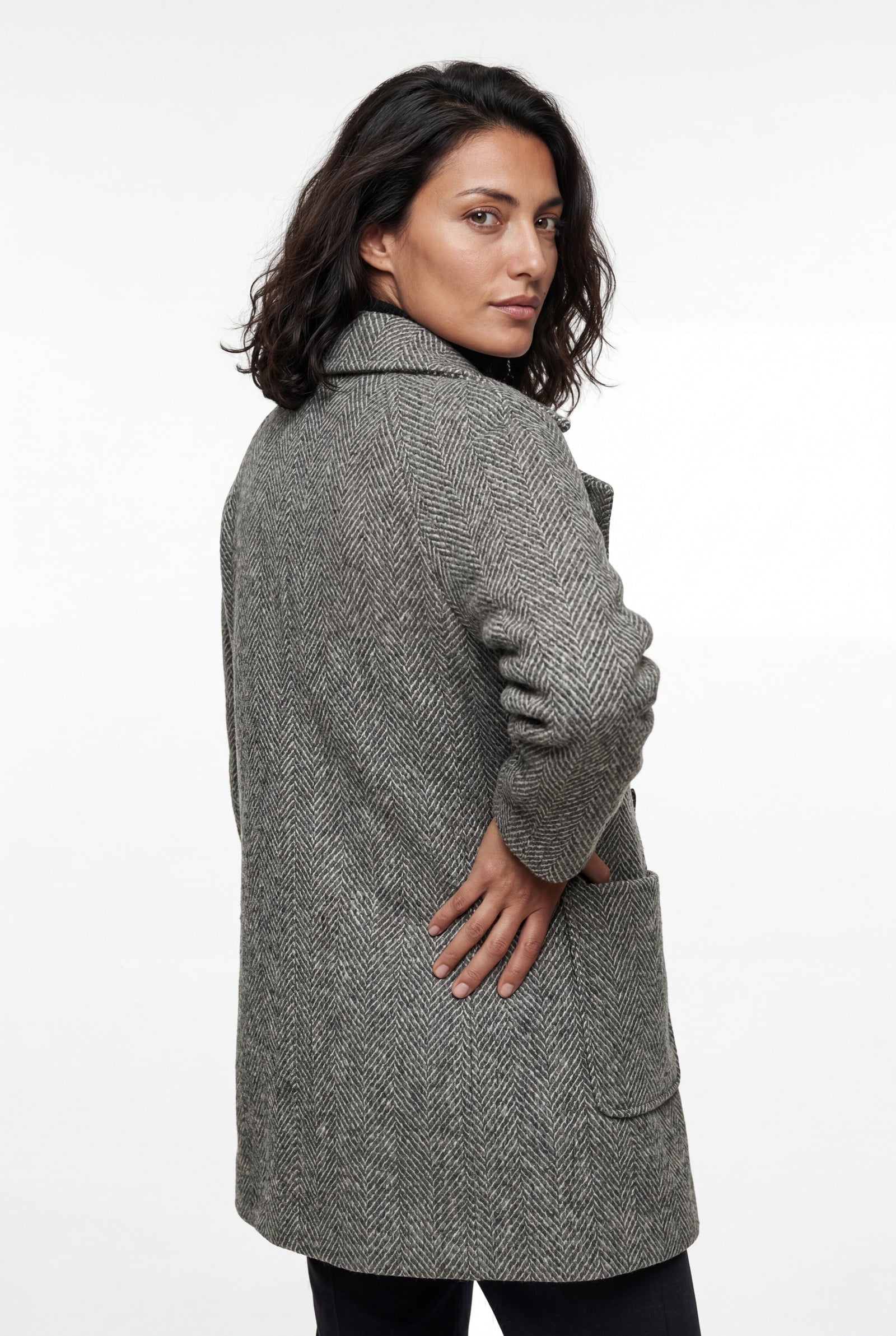 Gray Grey Herringbone Double-breasted Tailored Coat - Tailored coats - Photo 2