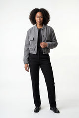 Gray Heathered Grey Cropped Bomber Jacket with Patch Pockets - Cropped jacket - Photo 1