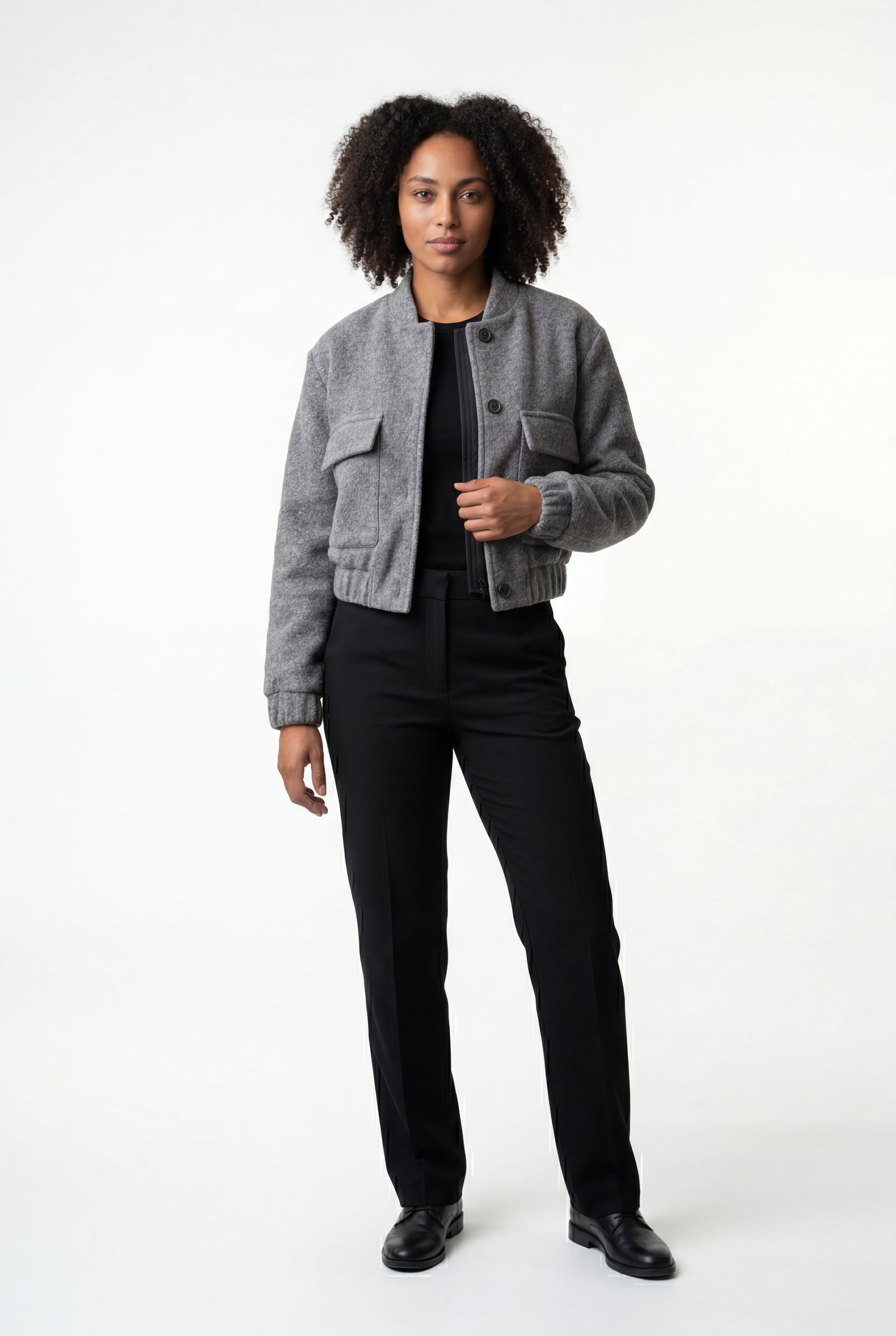 Gray Heathered Grey Cropped Bomber Jacket with Patch Pockets - Cropped jacket - Photo 1