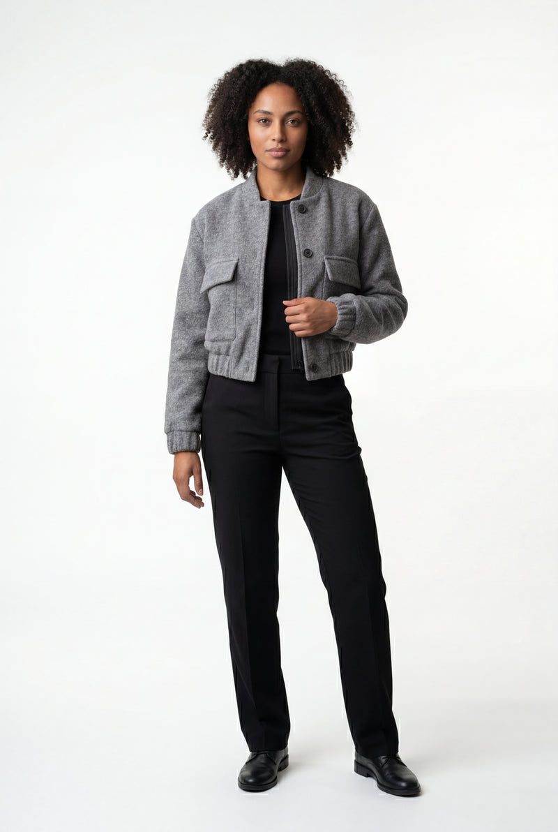 Gray Heathered Grey Cropped Bomber Jacket with Patch Pockets - Cropped jacket - Photo 1